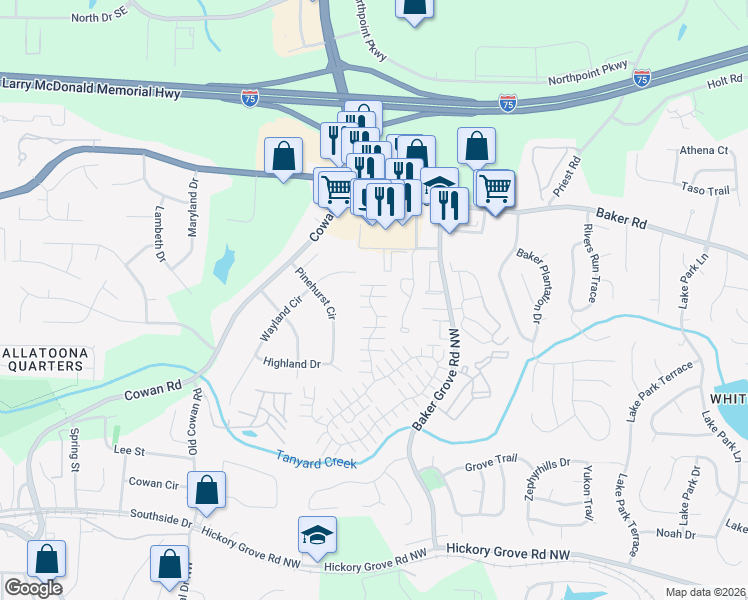 map of restaurants, bars, coffee shops, grocery stores, and more near 293 Windcroft Lane Northwest in Acworth
