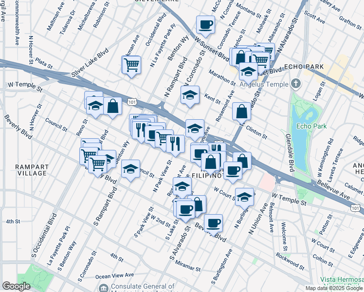 map of restaurants, bars, coffee shops, grocery stores, and more near 433 Rosenell Terrace in Los Angeles