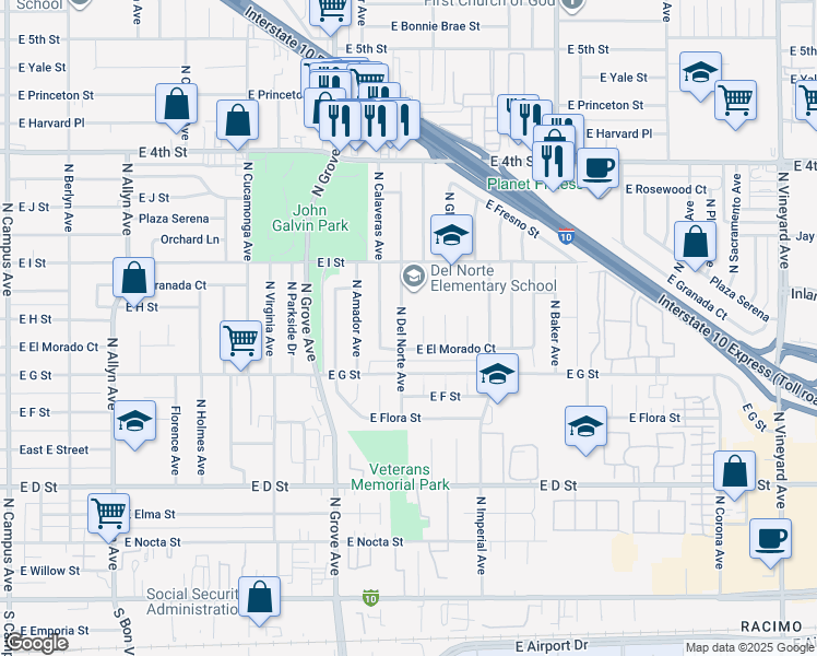 map of restaurants, bars, coffee shops, grocery stores, and more near 750 North Del Norte Avenue in Ontario