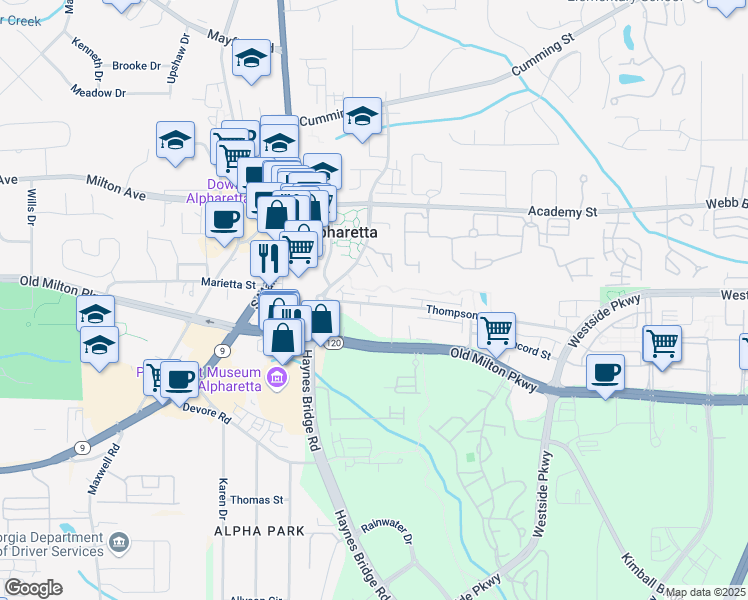 map of restaurants, bars, coffee shops, grocery stores, and more near 145 Alcovy Terrace in Alpharetta