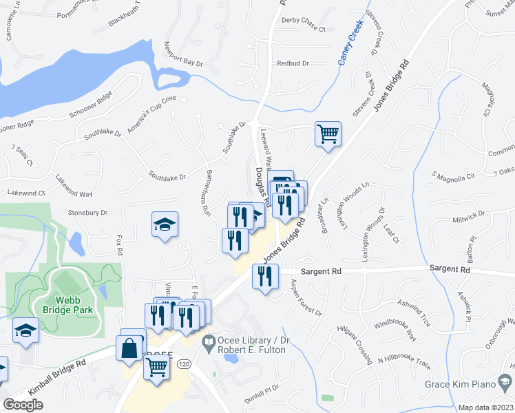 map of restaurants, bars, coffee shops, grocery stores, and more near 5240 Cresslyn Ridge in Alpharetta