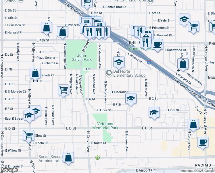 map of restaurants, bars, coffee shops, grocery stores, and more near 750 North Del Norte Avenue in Ontario