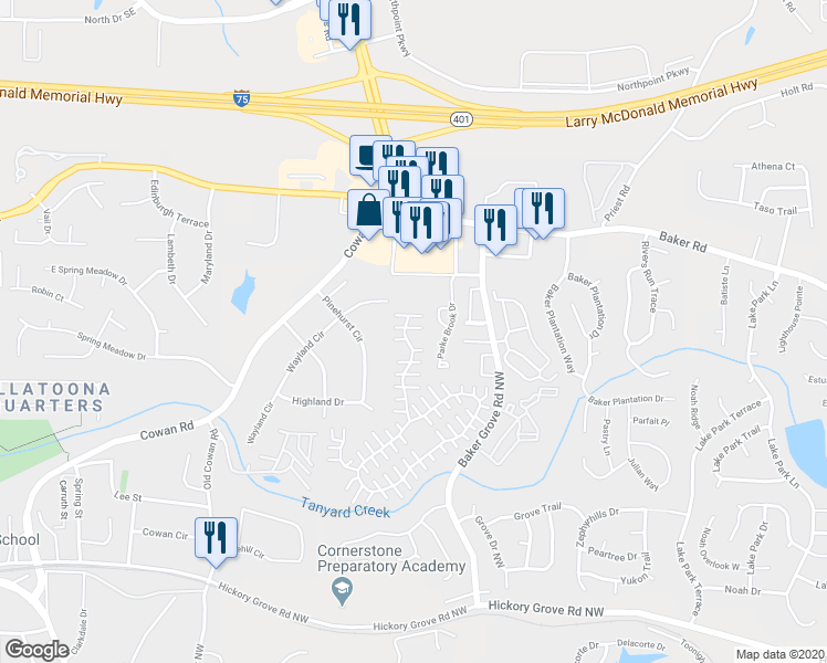 map of restaurants, bars, coffee shops, grocery stores, and more near 291 Windcroft Lane Northwest in Acworth