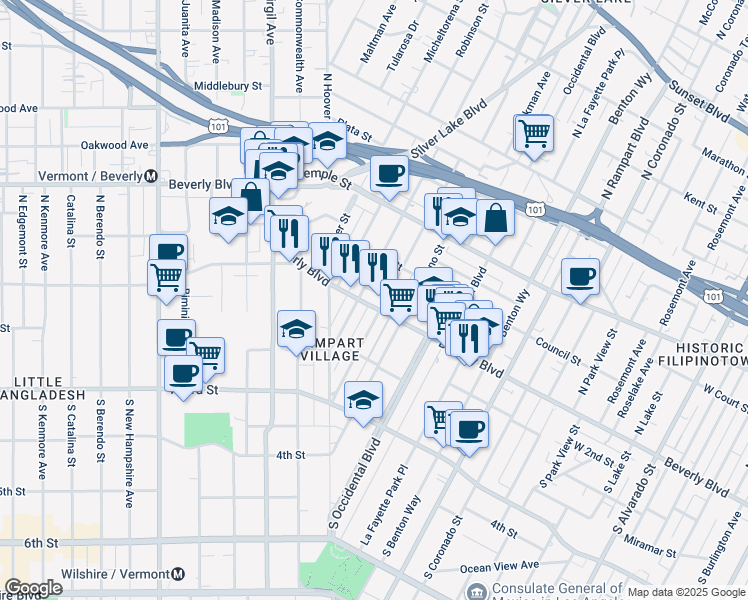 map of restaurants, bars, coffee shops, grocery stores, and more near 118 North Dillon Street in Los Angeles