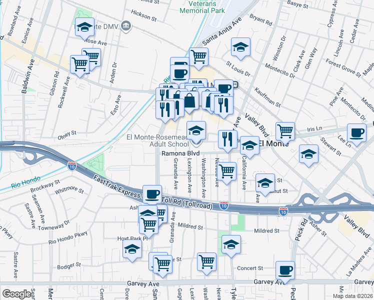 map of restaurants, bars, coffee shops, grocery stores, and more near 3503 Lexington Avenue in El Monte