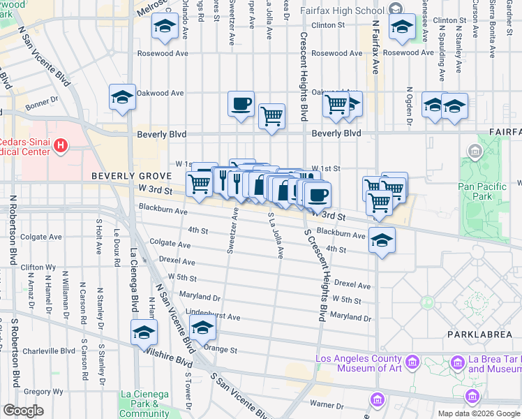 map of restaurants, bars, coffee shops, grocery stores, and more near 8201 West 3rd Street in Los Angeles