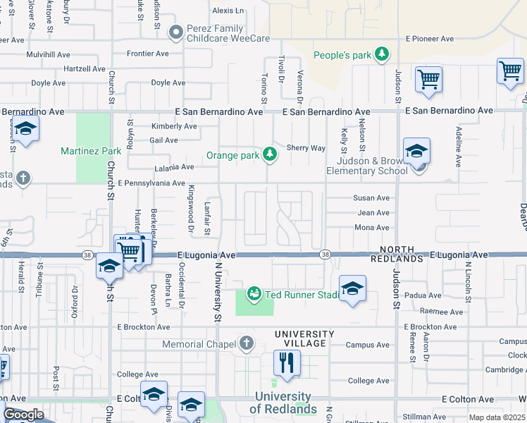 map of restaurants, bars, coffee shops, grocery stores, and more near in Redlands
