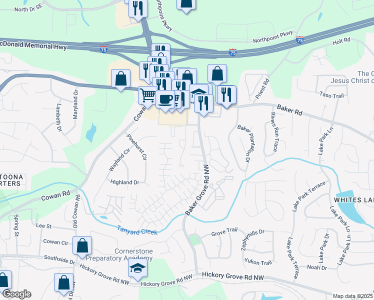 map of restaurants, bars, coffee shops, grocery stores, and more near 4966 Parke Brook Drive in Acworth