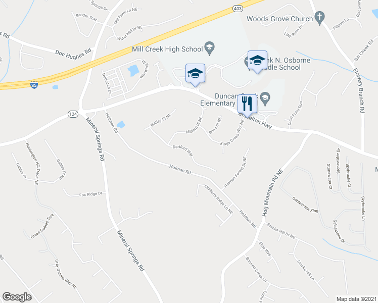 map of restaurants, bars, coffee shops, grocery stores, and more near 1860 Dartford Way in Hoschton