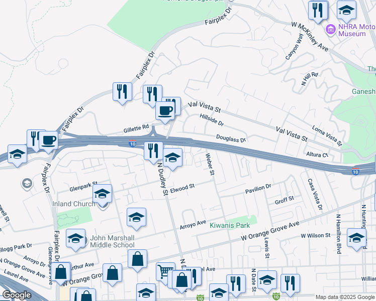 map of restaurants, bars, coffee shops, grocery stores, and more near 1515 Stratus Drive in Pomona