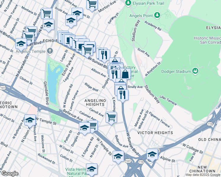 map of restaurants, bars, coffee shops, grocery stores, and more near 850 East Kensington Road in Los Angeles