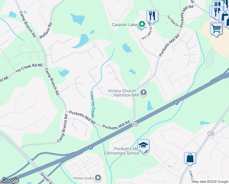 map of restaurants, bars, coffee shops, grocery stores, and more near 2880 Ivy Brook Lane Northeast in Buford