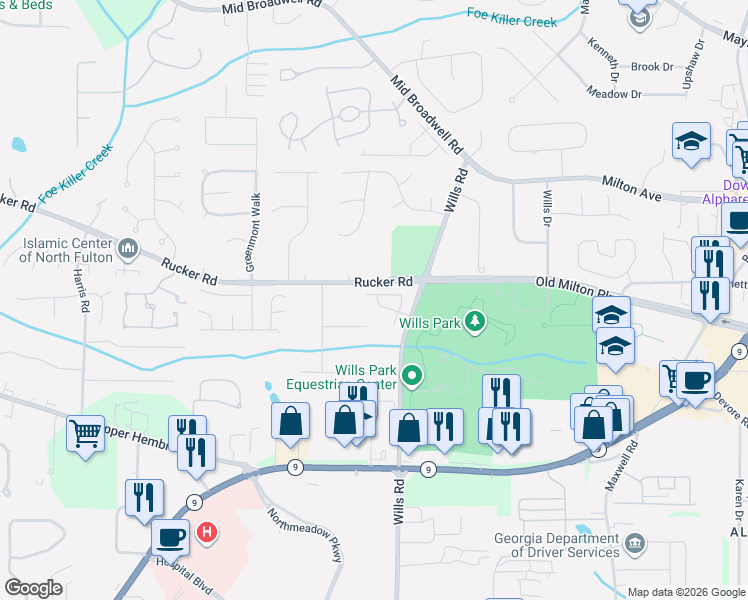 map of restaurants, bars, coffee shops, grocery stores, and more near 1595 Rucker Road in Alpharetta