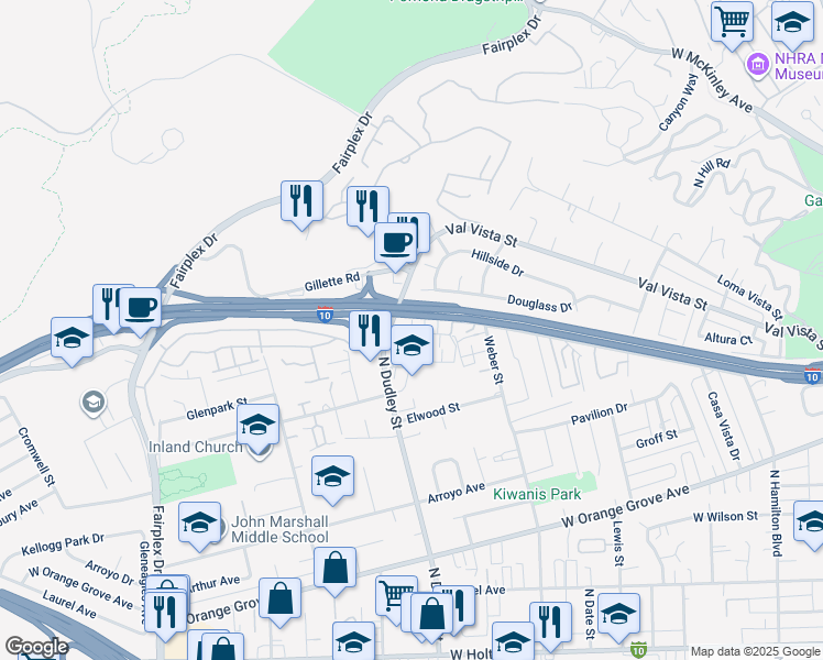 map of restaurants, bars, coffee shops, grocery stores, and more near 1589 Stratus Drive in Pomona