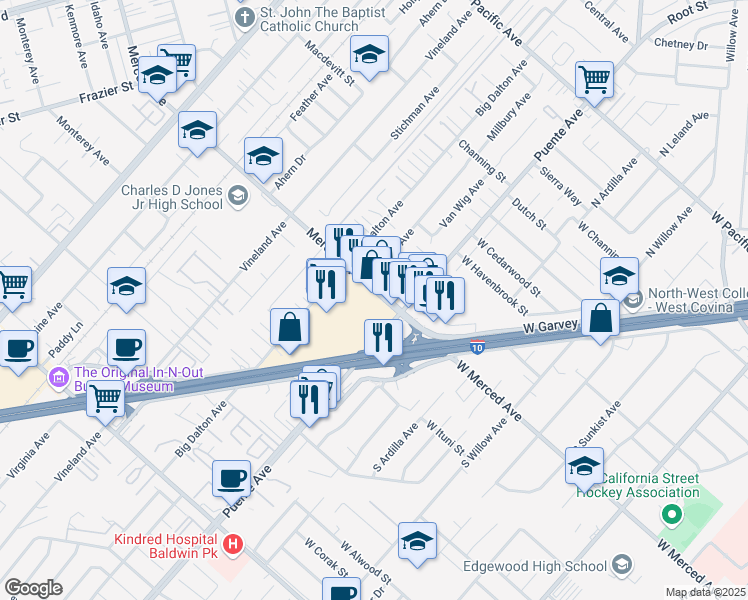map of restaurants, bars, coffee shops, grocery stores, and more near 14460 Merced Avenue in Baldwin Park