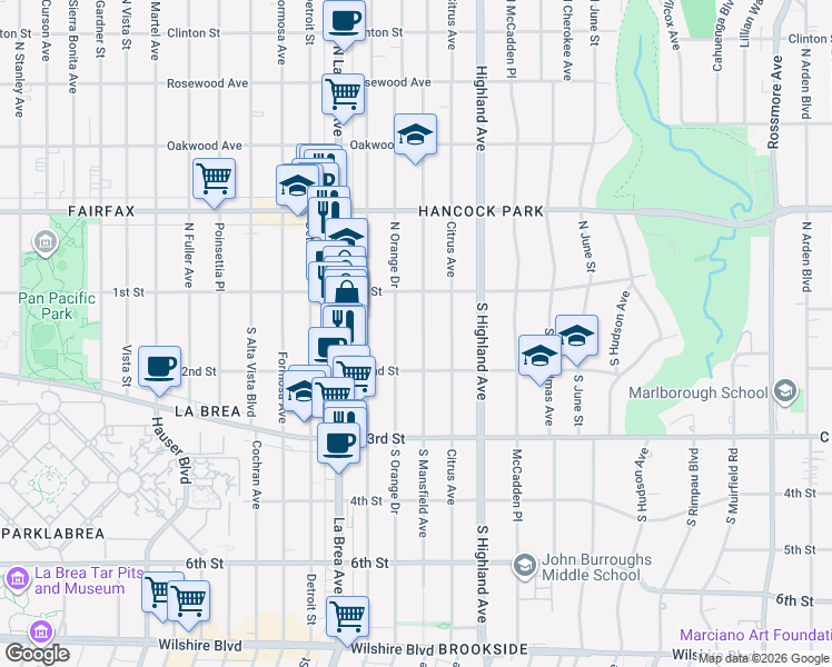 map of restaurants, bars, coffee shops, grocery stores, and more near 135 South Mansfield Avenue in Los Angeles