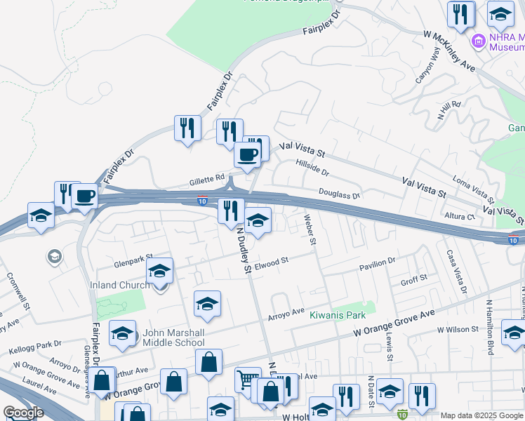 map of restaurants, bars, coffee shops, grocery stores, and more near 1577 Stratus Drive in Pomona