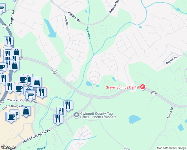map of restaurants, bars, coffee shops, grocery stores, and more near 2115 Waterleaf Drive in Buford