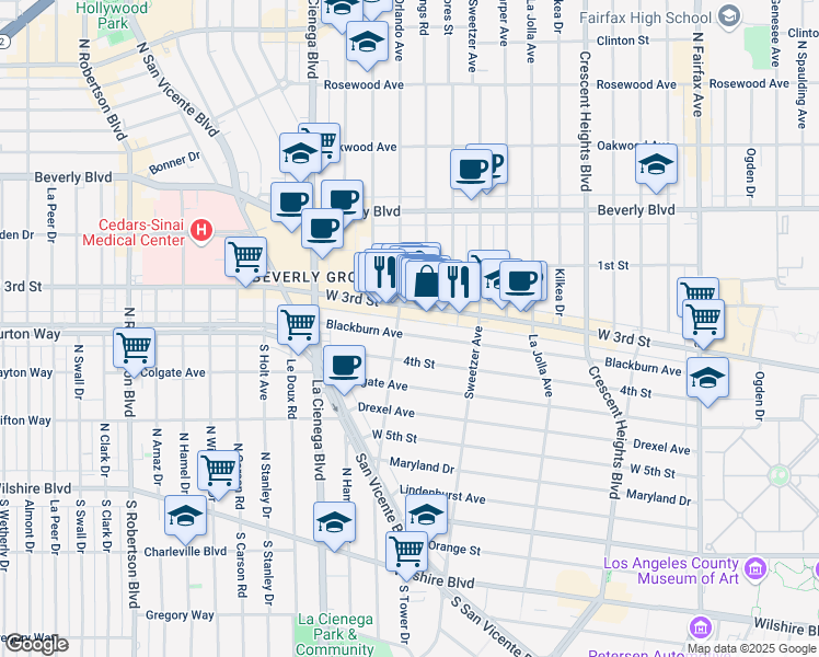 map of restaurants, bars, coffee shops, grocery stores, and more near 8377 Blackburn Avenue in Los Angeles