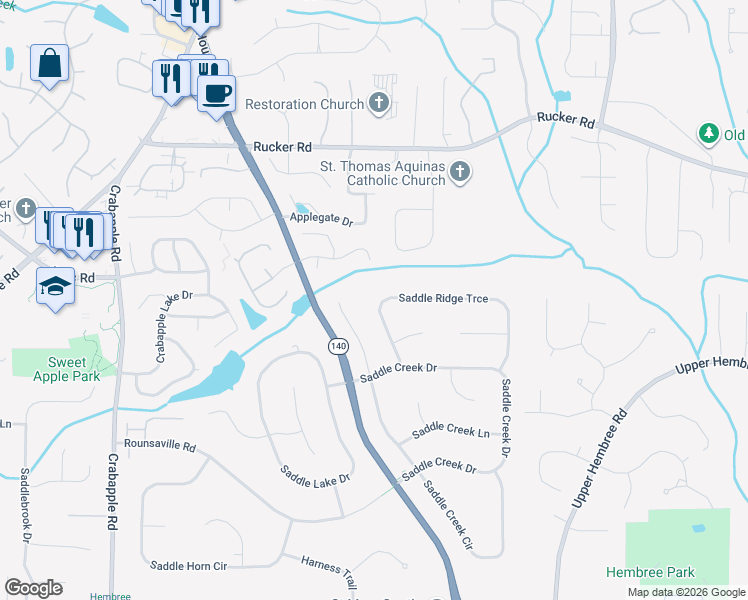 map of restaurants, bars, coffee shops, grocery stores, and more near 670 Saddle Ridge Trce in Roswell