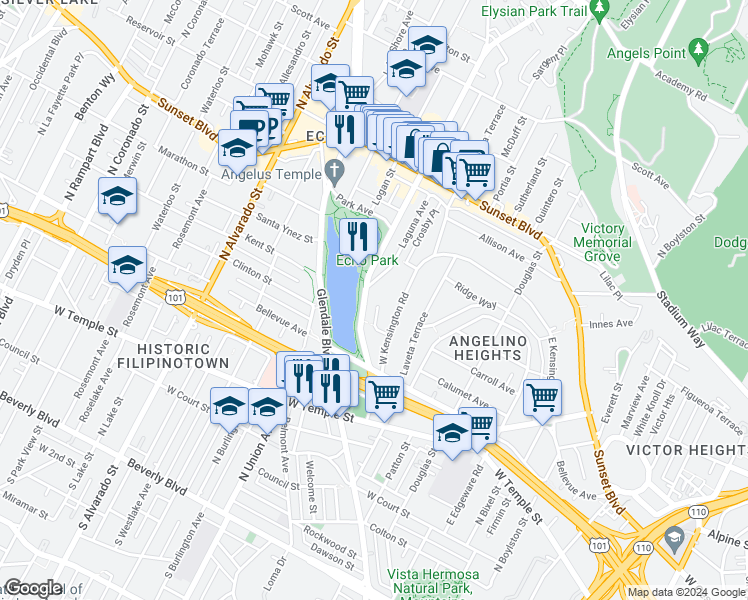 map of restaurants, bars, coffee shops, grocery stores, and more near 734 Echo Park Avenue in Los Angeles