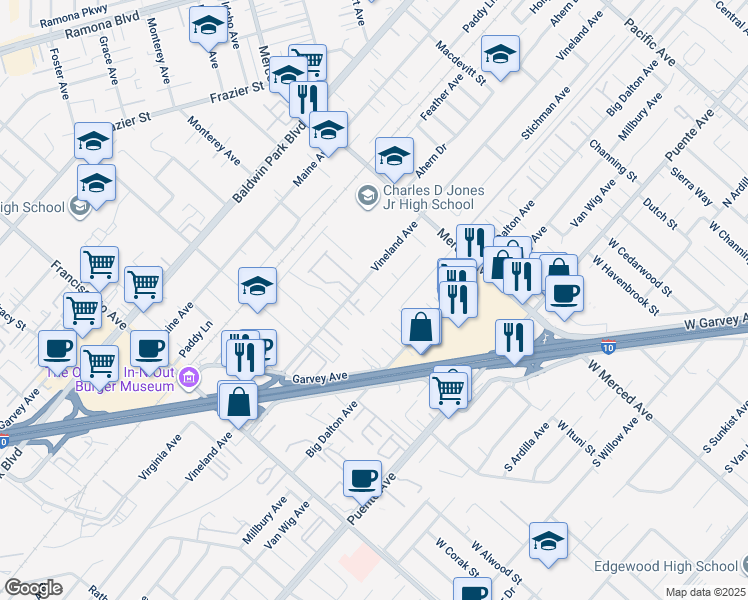 map of restaurants, bars, coffee shops, grocery stores, and more near 3149 Stichman Avenue in Baldwin Park