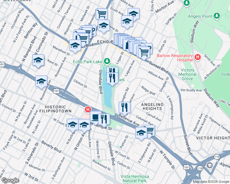 map of restaurants, bars, coffee shops, grocery stores, and more near 734 Echo Park Avenue in Los Angeles
