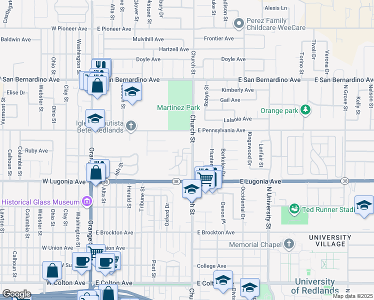 map of restaurants, bars, coffee shops, grocery stores, and more near 1400 Church Place in Redlands