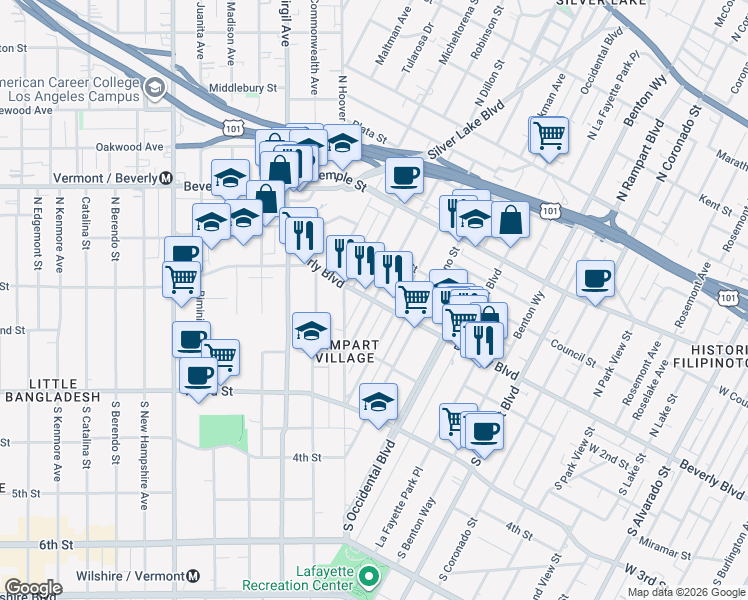 map of restaurants, bars, coffee shops, grocery stores, and more near 2 North Dillon Street in Los Angeles