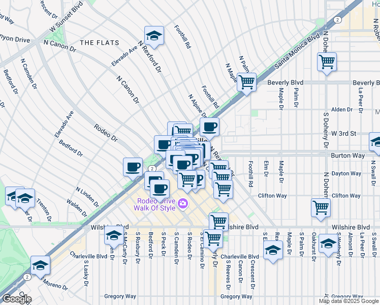 map of restaurants, bars, coffee shops, grocery stores, and more near 9390 North Santa Monica Boulevard in Beverly Hills