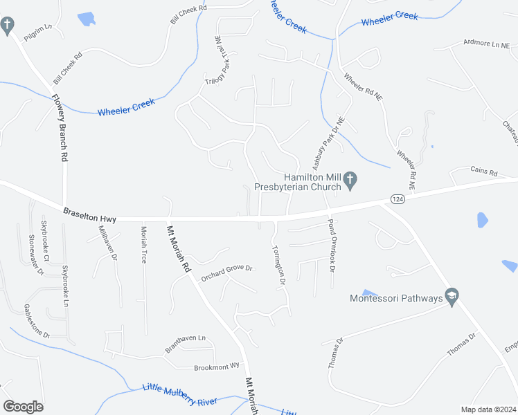 map of restaurants, bars, coffee shops, grocery stores, and more near 1452 Country Wood Drive in Hoschton