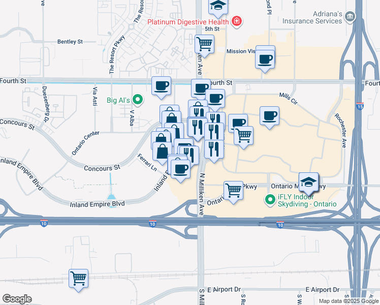 map of restaurants, bars, coffee shops, grocery stores, and more near 4261 Inland Empire Boulevard in Ontario