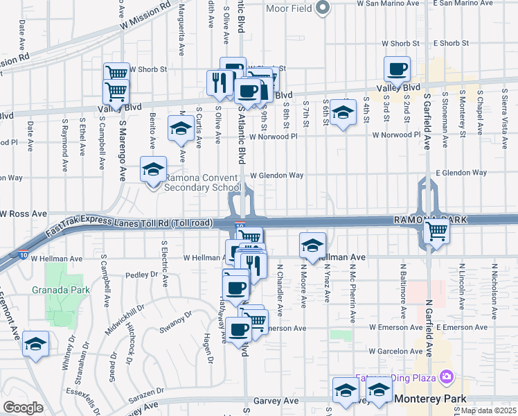map of restaurants, bars, coffee shops, grocery stores, and more near 1847 South 9th Street in Alhambra