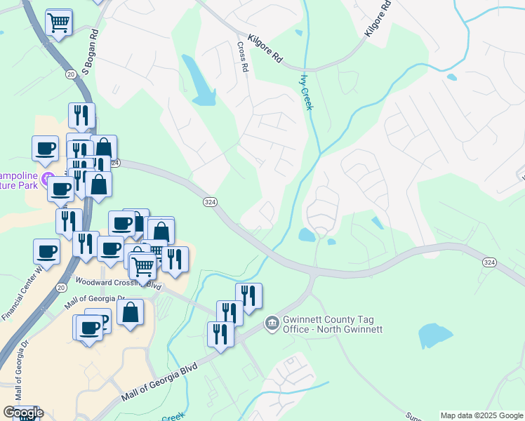 map of restaurants, bars, coffee shops, grocery stores, and more near 3263 Mill Springs Circle Northeast in Buford