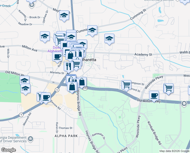 map of restaurants, bars, coffee shops, grocery stores, and more near 72 Thompson Street in Alpharetta