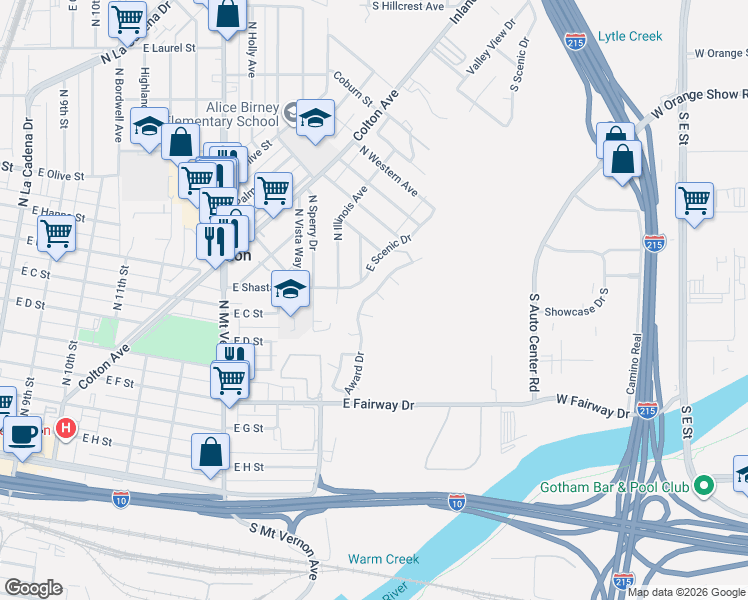 map of restaurants, bars, coffee shops, grocery stores, and more near 888 Award Drive in Colton