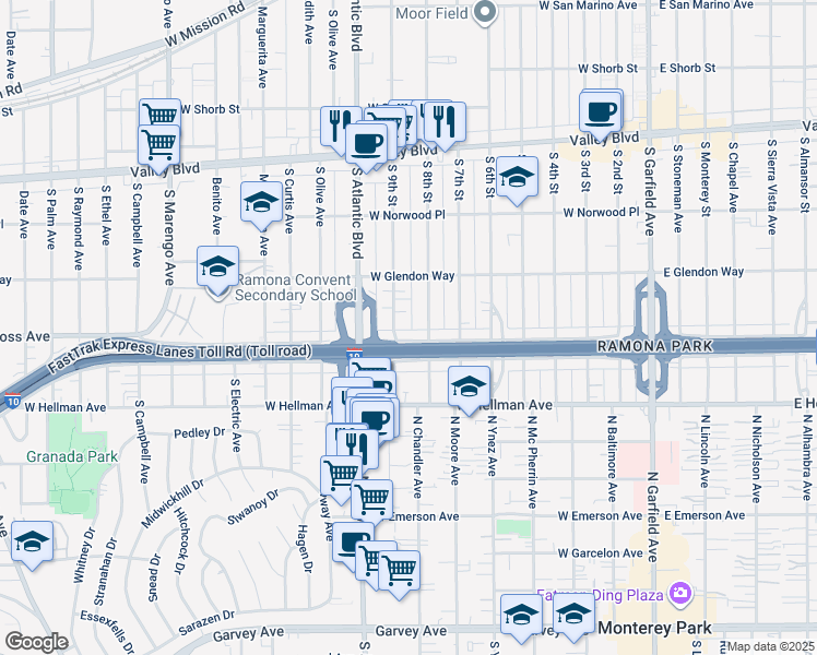 map of restaurants, bars, coffee shops, grocery stores, and more near 1846 South 9th Street in Alhambra