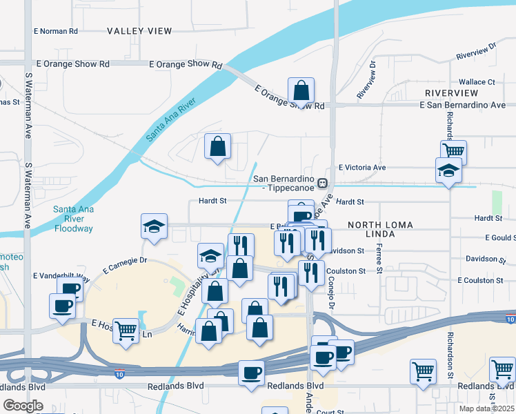 map of restaurants, bars, coffee shops, grocery stores, and more near 995 Hardt Street in San Bernardino
