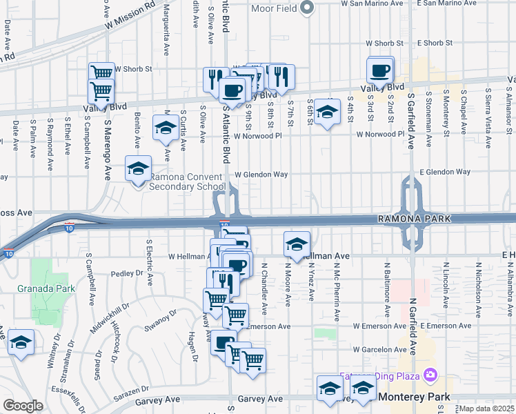 map of restaurants, bars, coffee shops, grocery stores, and more near 1846 South 9th Street in Alhambra