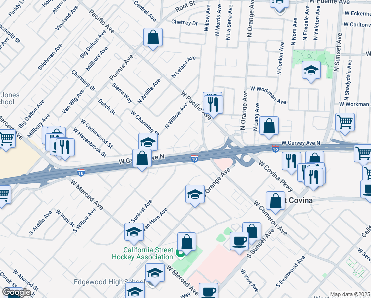 map of restaurants, bars, coffee shops, grocery stores, and more near 2013 West Garvey Avenue North in West Covina