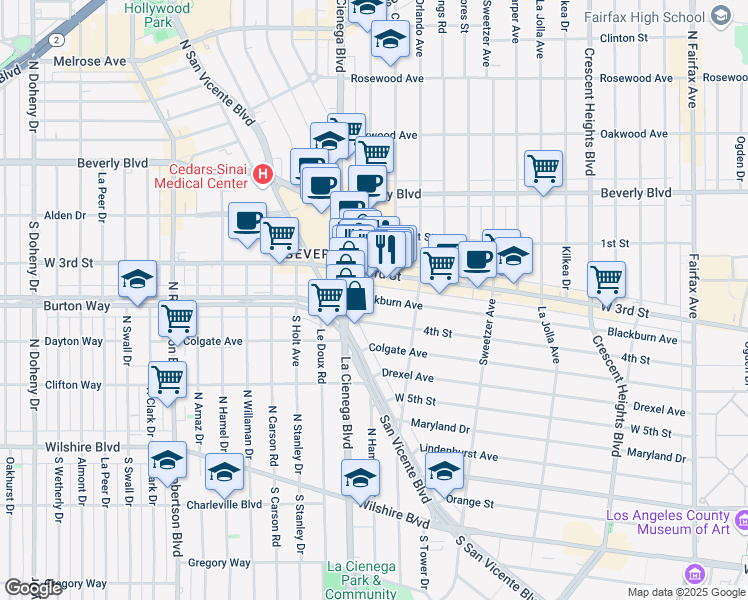 map of restaurants, bars, coffee shops, grocery stores, and more near 8461 Blackburn Avenue in Los Angeles