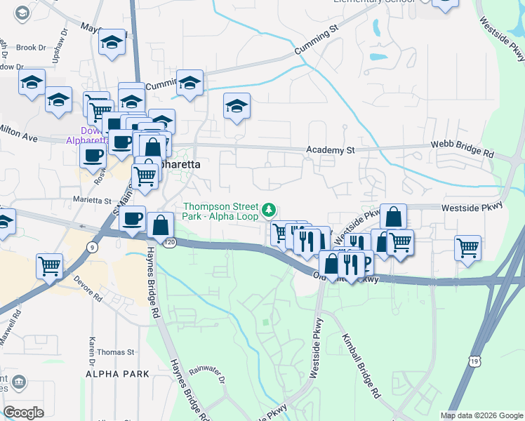 map of restaurants, bars, coffee shops, grocery stores, and more near 575 Woods Walk in Alpharetta