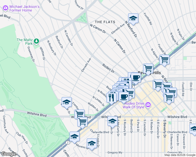 map of restaurants, bars, coffee shops, grocery stores, and more near 606 North Bedford Drive in Beverly Hills