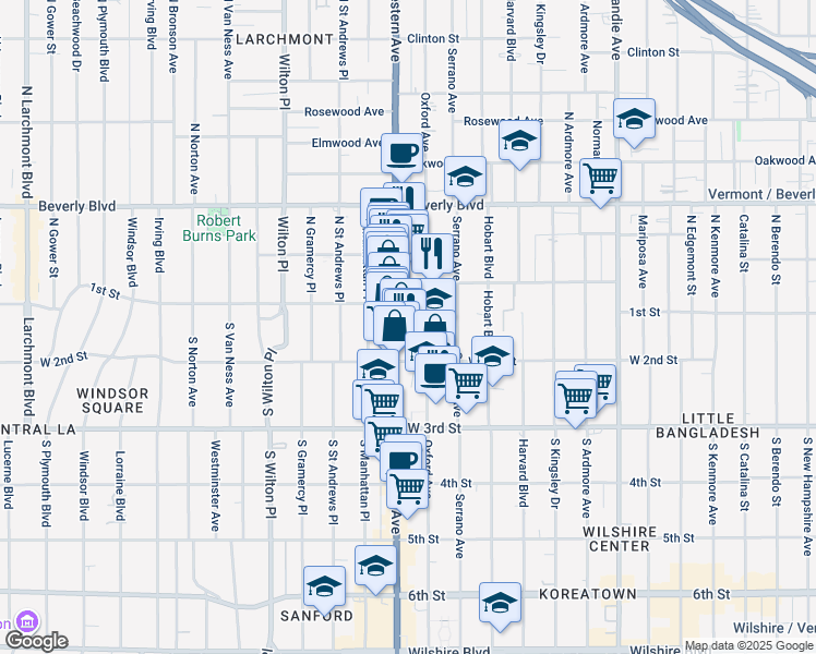 map of restaurants, bars, coffee shops, grocery stores, and more near 150 South Western Avenue in Los Angeles