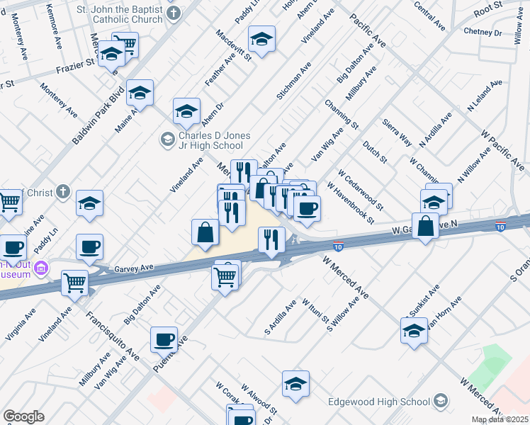 map of restaurants, bars, coffee shops, grocery stores, and more near 14460 Merced Avenue in Baldwin Park