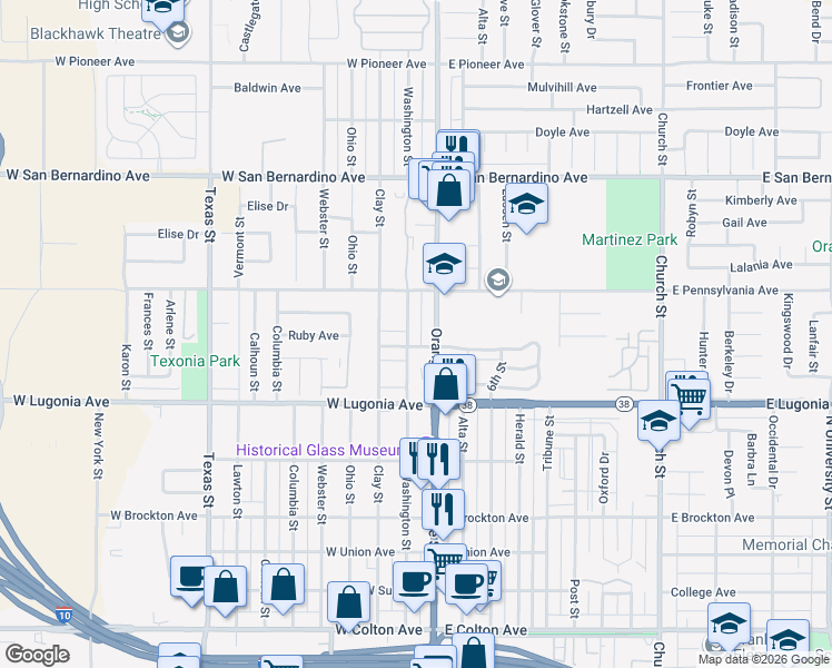 map of restaurants, bars, coffee shops, grocery stores, and more near 1415 Orange Street in Redlands