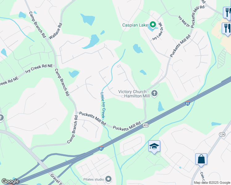 map of restaurants, bars, coffee shops, grocery stores, and more near 2880 Ivy Brook Lane Northeast in Buford