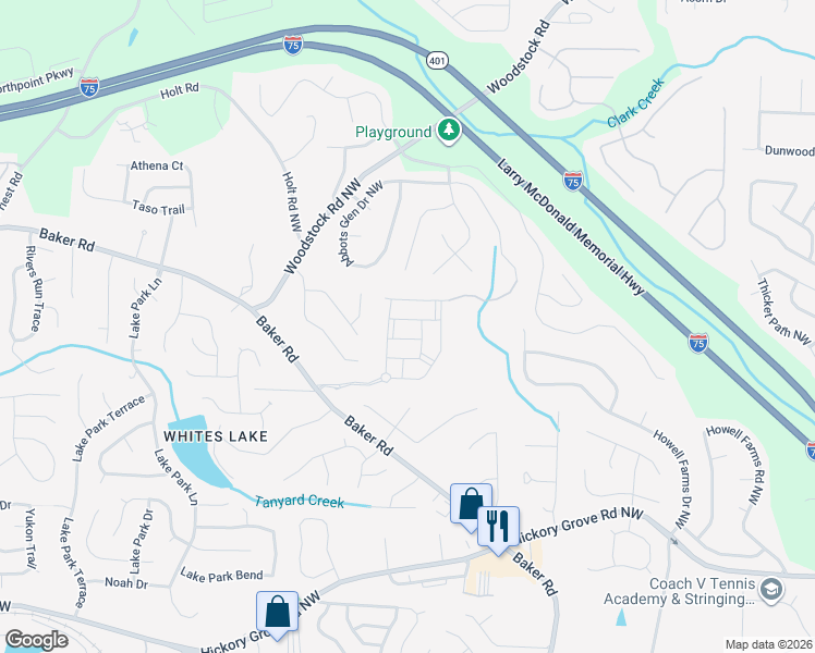 map of restaurants, bars, coffee shops, grocery stores, and more near 2820 Baker Drive in Acworth