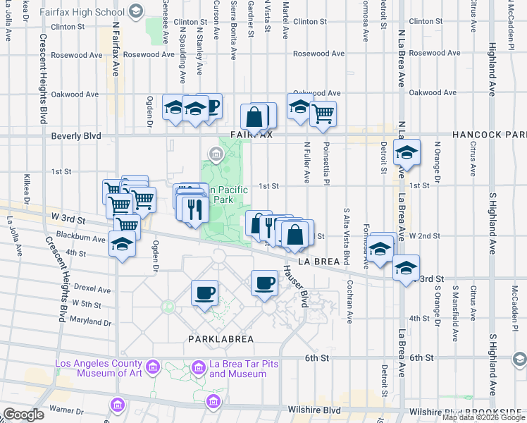 map of restaurants, bars, coffee shops, grocery stores, and more near 136 South Gardner Street in Los Angeles