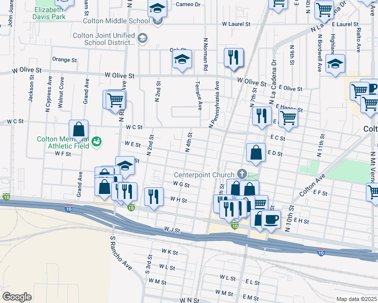 map of restaurants, bars, coffee shops, grocery stores, and more near 620 North 4th Street in Colton